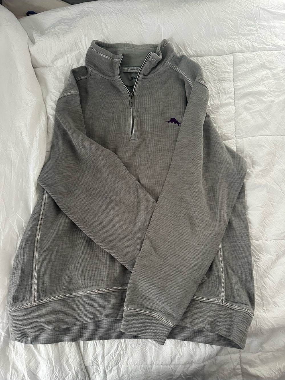 Tommy Bahama Men's Grey Quarter-Zip Pullover with Purple Logo